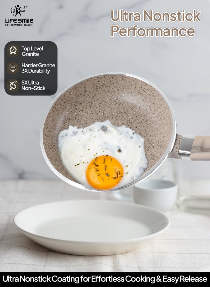 Life Smile 14-Piece Nonstick Granite Cookware Set – Cookwares with Stainless Steel Rim, Oven-Safe Pots and Pans set includes, Soup Pots(20cm,24cm, 28cm) with Lid ,Frying Pan(20cm,24cm,28cm),Saucepan 16cm with Lid & 3 Silicone Utensils (Soup Ladle, Skimmer,Turner) - Image 5