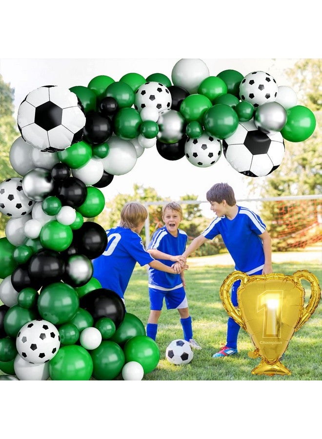 Biapian طقم قوس بالونات كرة القدم للأولاد، طقم قوس بالونات أخضر مع بالونات كأس كرة القدم باللون الأخضر الداكن والأسود والأبيض وبالونات اللاتكس وبالونات معدنية فضية لتزيين حفلات استقبال المواليد وأعياد الميلاد وحفلات كرة القدم - Image 3