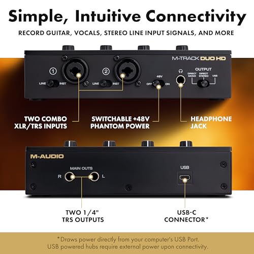M-AUDIO M-Track Duo HD Audio Interface 24bit 192kHz for Recording, Streaming, Podcasting with USB-C, 2 XLR TRS Inputs, 2 TRS Outputs, Software Suite - Image 4