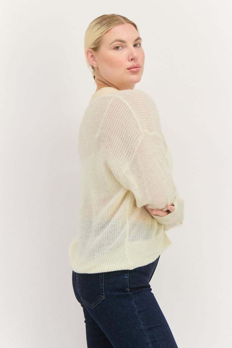 ESPRIT Women V-Neck Textured Cardigan, Beige - Image 2