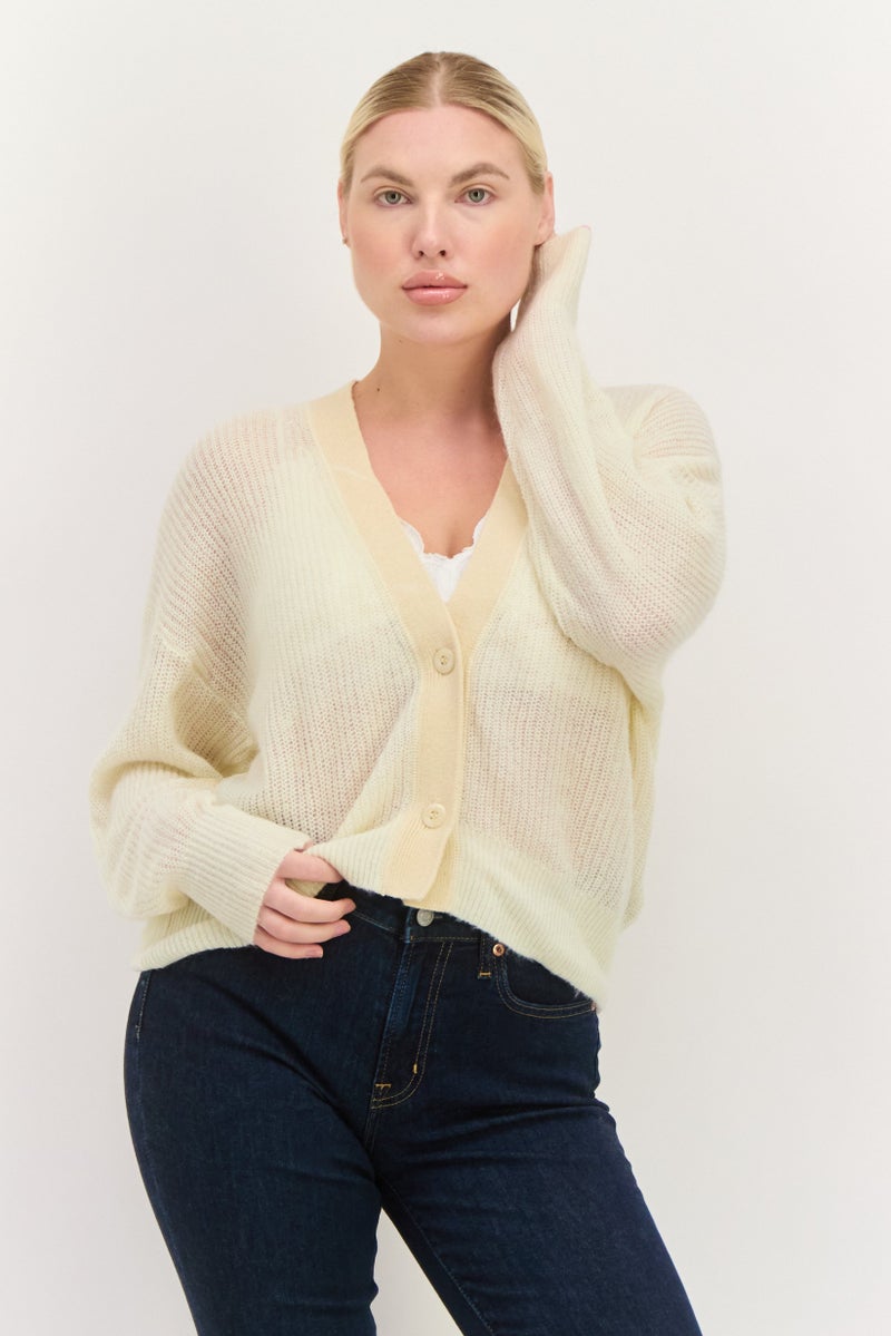 ESPRIT Women V-Neck Textured Cardigan, Beige - Image 1