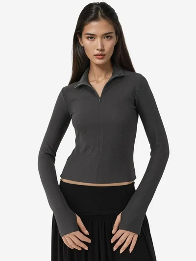 HICCUP Fitted Long Sleeve Polo Active Top with Zipper