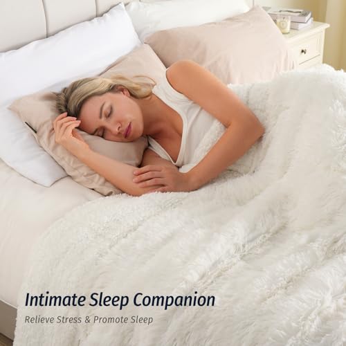 Wemore Shaggy Long Fur Faux Fur Weighted Blanket, Cozy and Fluffy Plush Sherpa Long Hair Blanket for Adult 20lbs, Fluffy Fuzzy Sherpa Reverse Heavy Blanket for Bed, Couch, Cream White, 60 x 80 Inches - Image 3