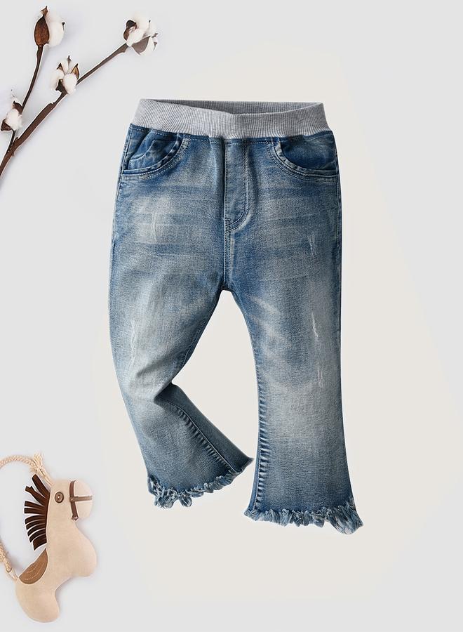 تايك تو جينز بناتي واسع بخصر مرتفع وحافة ممزقة - Image 1