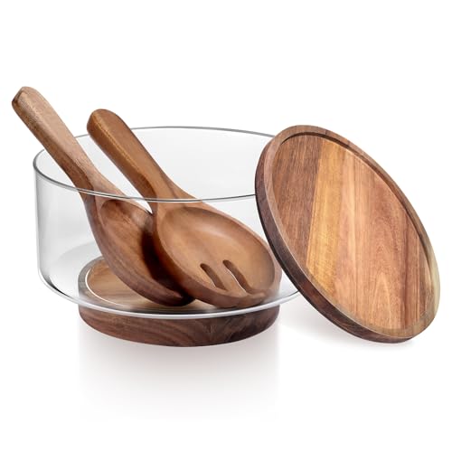 BOTOP Large Glass Salad Bowls, Salad Bowl Set for Party with Acacia Wood Base and Lid and Salad Serving Utensils, Elegant and Practical Salad Bowls for Kitchen Essentials - Image 1