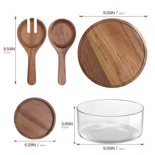 BOTOP Large Glass Salad Bowls, Salad Bowl Set for Party with Acacia Wood Base and Lid and Salad Serving Utensils, Elegant and Practical Salad Bowls for Kitchen Essentials - Image 3