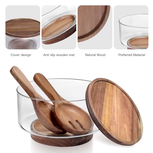 BOTOP Large Glass Salad Bowls, Salad Bowl Set for Party with Acacia Wood Base and Lid and Salad Serving Utensils, Elegant and Practical Salad Bowls for Kitchen Essentials - Image 2