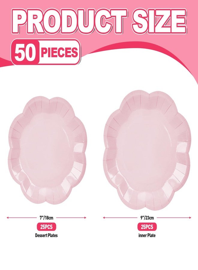 Ohkishly 50 Pcs Light Pink Paper Plates 25 × 7'' and 25 × 9'' Disposable Scalloped Pink Dinner Plates Cute Party Plate for Wedding Baby Shower Birthday Party - Image 2