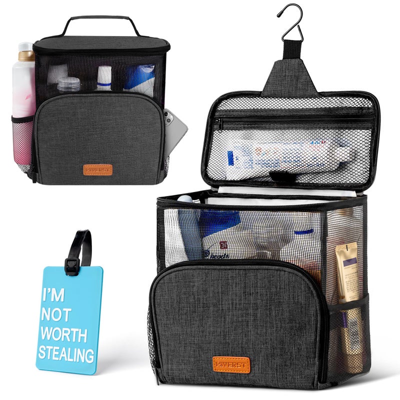 Hiverst Hanging Toiletry Bag Shower Caddy Tote Bag Updated Version Full Size Bottle Compatible Bath Organizer for College Dorms Gym Camp Women Men with Funny Luggage Tag