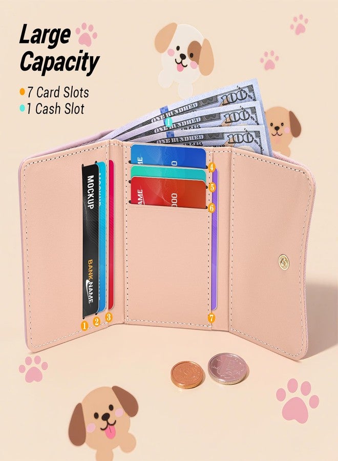 YINHEXI Wallet for Women, Small Dog Puppy Slim RFID Blocking Card Wallets, Cute Trifold PU Leather Card Holder, Mini Pocket Cash Purse with 7 Card Slots for Girls Ladies (Tri-fold, Pink Dog) - Image 3