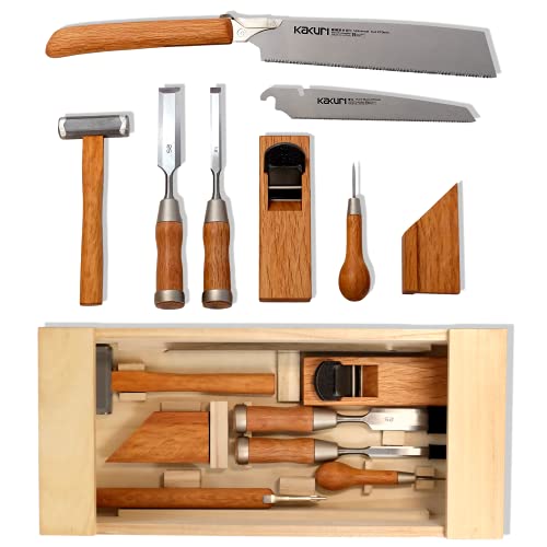 KAKURI Japanese Woodworking Tool Set Professional Carpentry Tool Kit 8 Pcs Japanese Pull Saws Hammer Chisels Plane Auger Square Japanese Red Oak Made in JAPAN