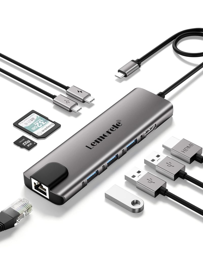 Lemorele محور USB C متعدد المنافذ 9 في 1 مع إيثرنت جيجابت، 100 واط PD، HDMI 4K، 3 USB 2.0، منفذ بيانات USB C، قارئ بطاقات SD/TF، محطة دوكل للماك بوك، ستيم ديك، لابتوب - Image 1