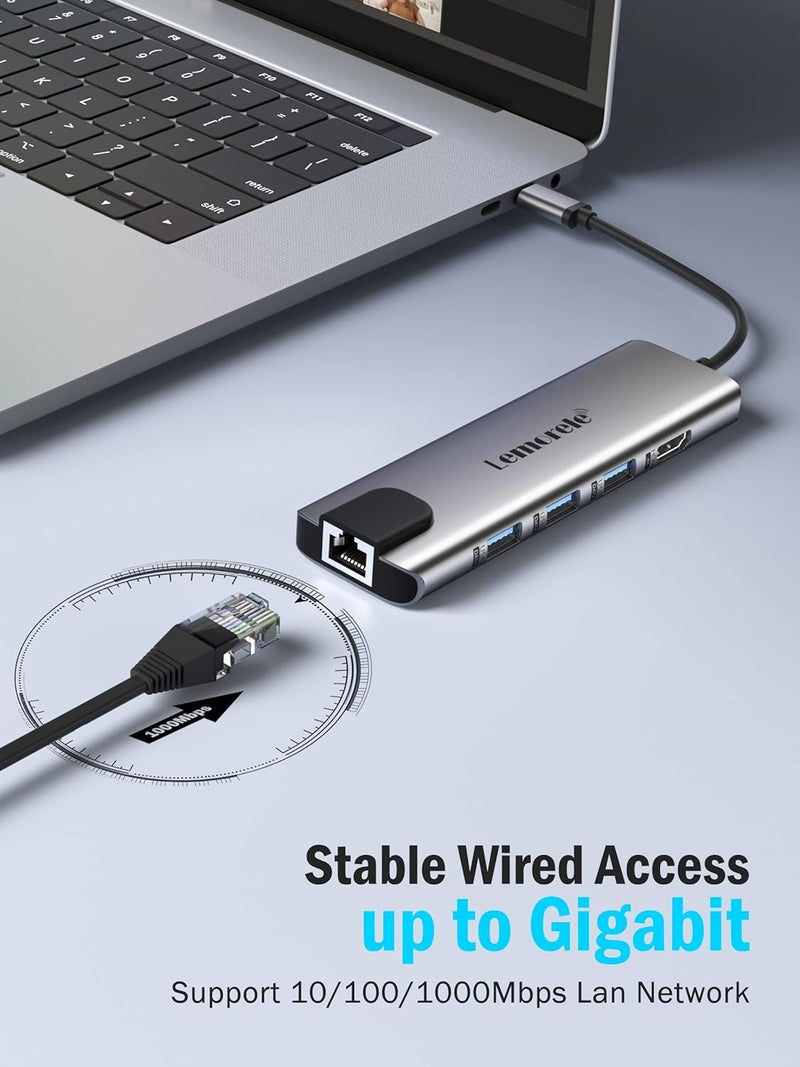Lemorele محور USB C متعدد المنافذ 9 في 1 مع إيثرنت جيجابت، 100 واط PD، HDMI 4K، 3 USB 2.0، منفذ بيانات USB C، قارئ بطاقات SD/TF، محطة دوكل للماك بوك، ستيم ديك، لابتوب - Image 3