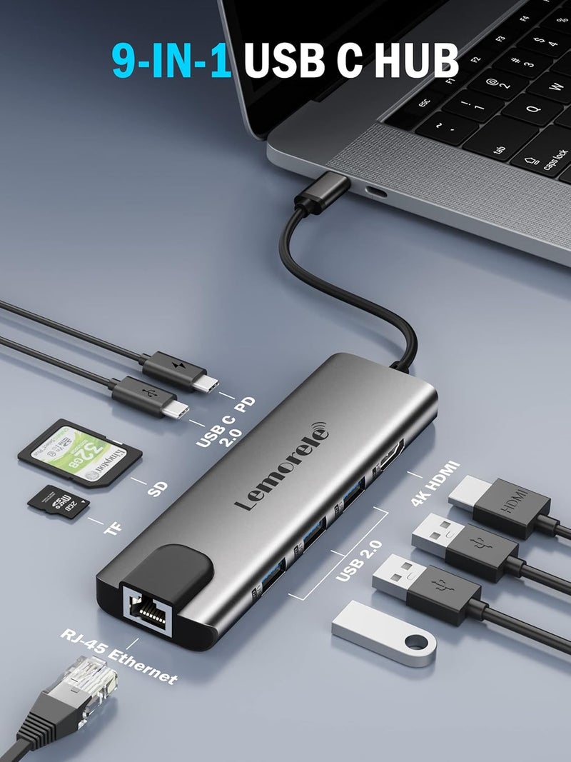 Lemorele محور USB C متعدد المنافذ 9 في 1 مع إيثرنت جيجابت، 100 واط PD، HDMI 4K، 3 USB 2.0، منفذ بيانات USB C، قارئ بطاقات SD/TF، محطة دوكل للماك بوك، ستيم ديك، لابتوب - Image 2