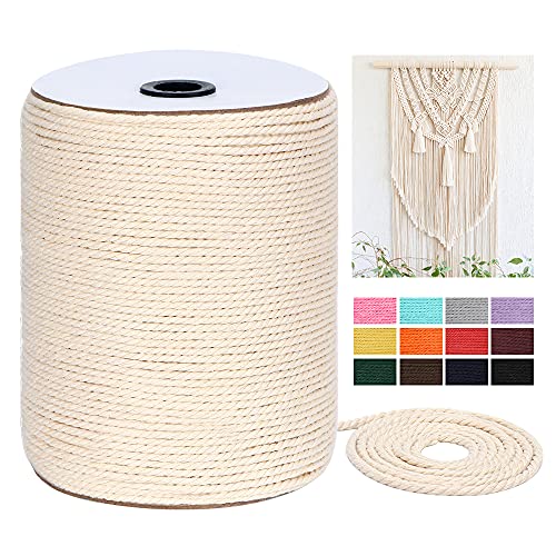 Macrame Cord 4mm x 328Yards984FeetNatural Cotton Macrame Rope 3 Strands Twisted Macrame Cotton Cord for Wall Hanging Plant Hangers Crafts Gift Wrapping and Wedding Decorations