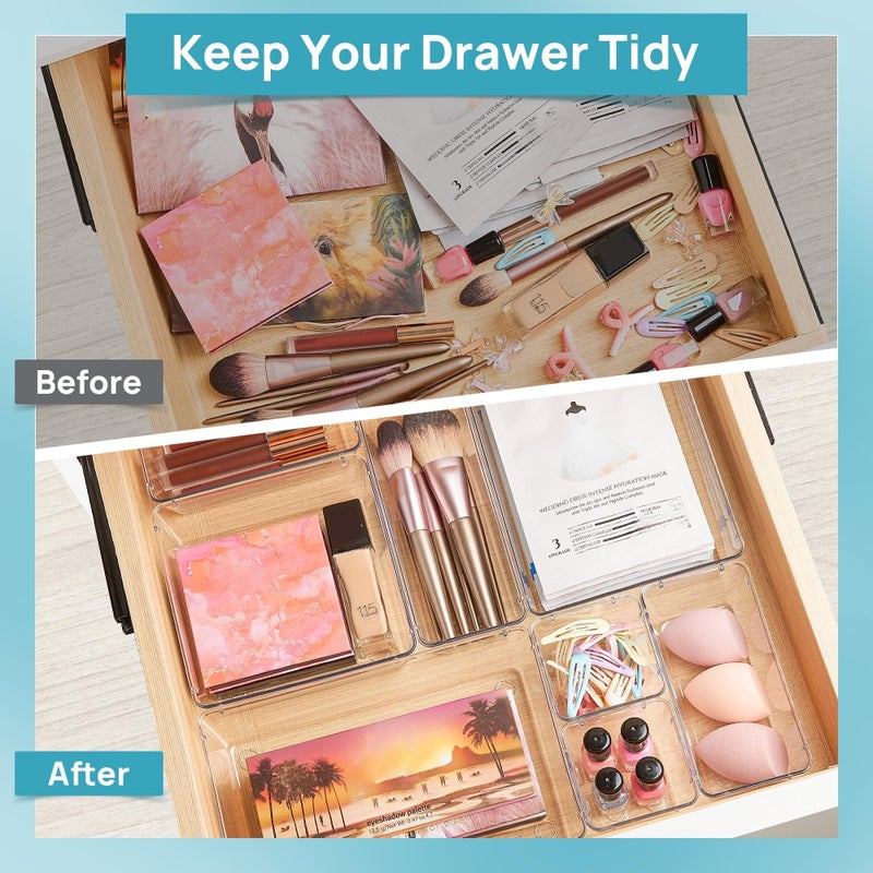 25 PCS Clear Plastic Drawer Organizers Set, 4-Size Bathroom and Vanity Drawer Organizer Trays, Acrylic Storage Bins for Makeup, Cosmetic, Kitchen Utensils, for Gadgets - Image 3
