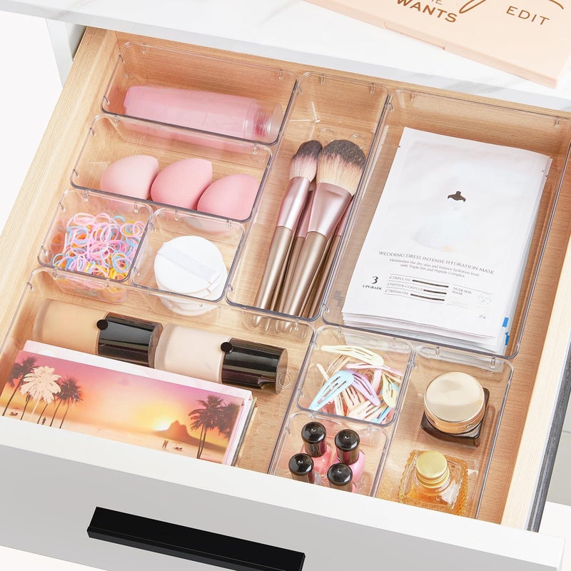 25 PCS Clear Plastic Drawer Organizers Set, 4-Size Bathroom and Vanity Drawer Organizer Trays, Acrylic Storage Bins for Makeup, Cosmetic, Kitchen Utensils, for Gadgets - Image 4