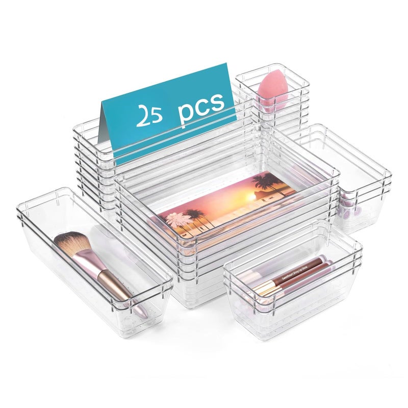 25 PCS Clear Plastic Drawer Organizers Set, 4-Size Bathroom and Vanity Drawer Organizer Trays, Acrylic Storage Bins for Makeup, Cosmetic, Kitchen Utensils, for Gadgets - Image 1