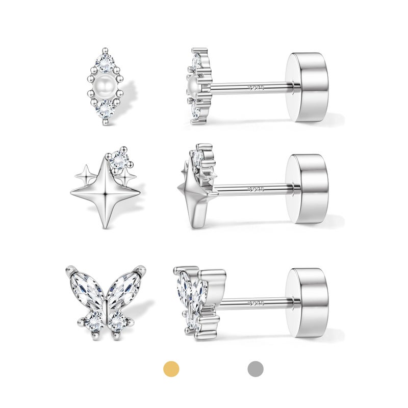 ORAZIO Gold Flat Back Stud Earrings for Women Men Sterling Silver Post Hypoallergenic Screw Back Earrings 14K Gold Cartilage Conch Helix Tragus Piercing Jewelry Dainty CZ Opal Earring Set 3 Pairs 20G S3 S1 - Image 1
