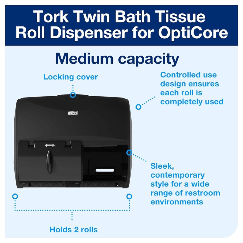 Tork Tork OptiCore Twin Toilet Paper Roll Dispenser Black T11 High Capacity 565728  - Image 3