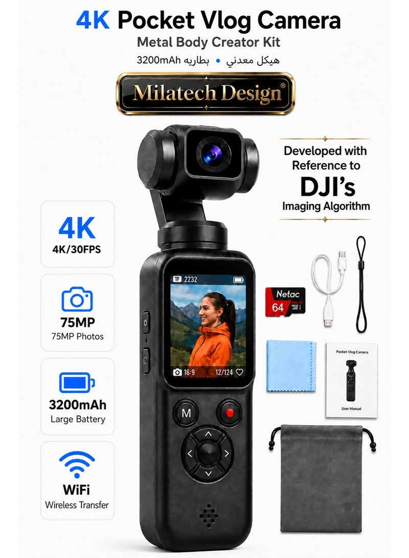Milatech Upgraded 75MP 4K Pocket Camera for Vlogging with a Larger Sony Image Sensor, Larger Battery, More Durable Metal Body, 330° Rotating Lens, WiFi, Touch Screen, Face Tracking and 64GB Netac TF Card - Image 1