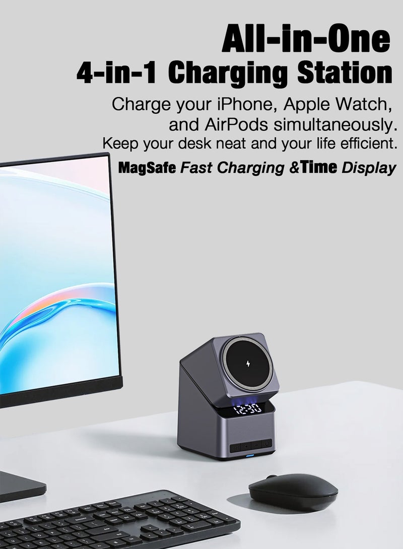 SIGood MagSafe Wireless Charger, 4-in-1 Charging Station with Real-Time Clock, 15W QC 3.0, 180° Auto-Rotate Magnetic Stand, Compatible with iPhone 12-16/Apple Watch/AirPods - Image 4
