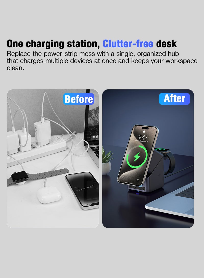 SIGood MagSafe Wireless Charger, 4-in-1 Charging Station with Real-Time Clock, 15W QC 3.0, 180° Auto-Rotate Magnetic Stand, Compatible with iPhone 12-16/Apple Watch/AirPods - Image 3