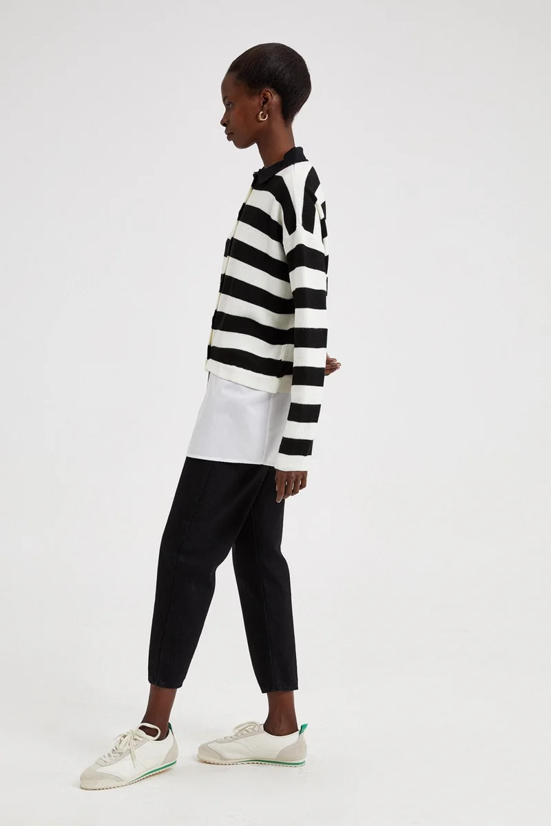 توتشي Poplin Garnished Striped Knitwear Tunic