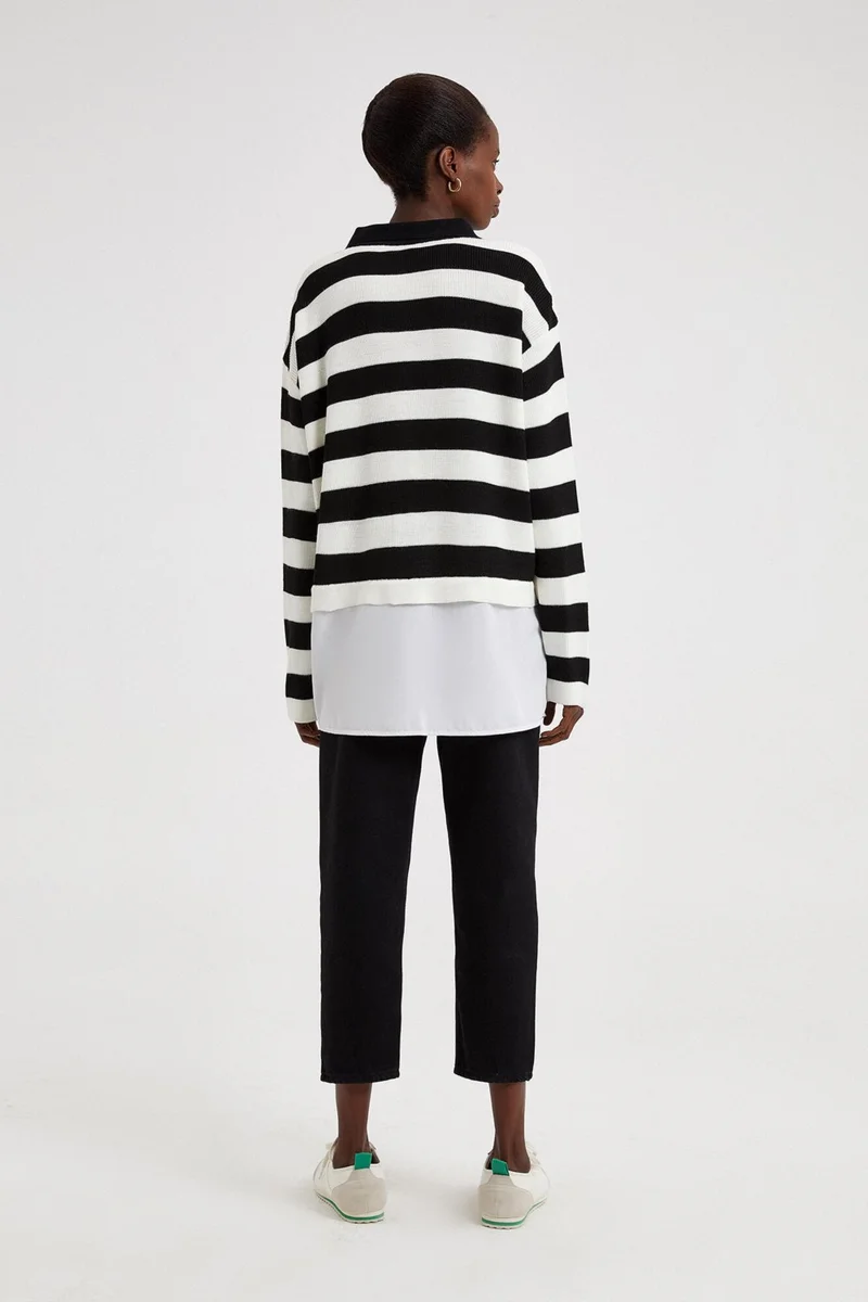 توتشي Poplin Garnished Striped Knitwear Tunic