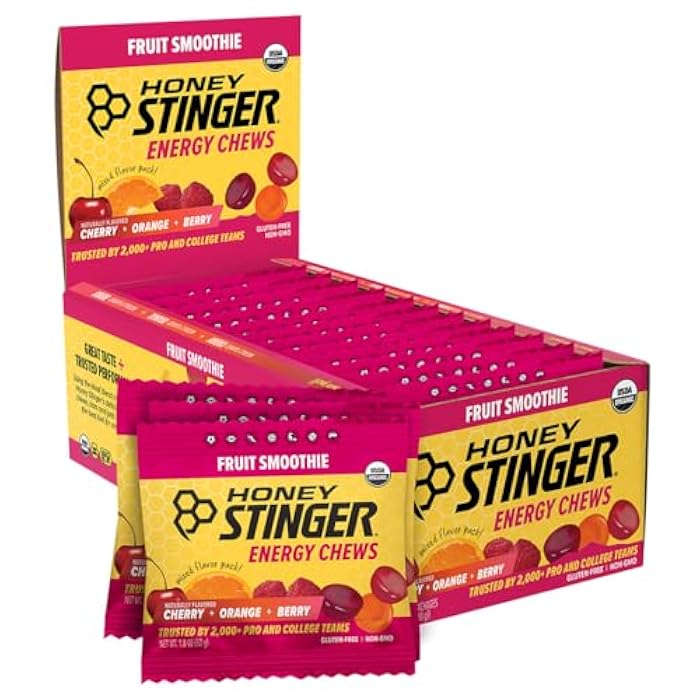 Honey Stinger هوني ستينجر عضوي فواكه سموذي طاقة مضغ، خالي من الجلوتين وخالي من الكافيين، للتمارين، الجري والأداء، تغذية رياضية للمنزل والصالة الرياضية، قبل وأثناء التمرين، 12 عبوة، 21.6 أونصة - Image 1