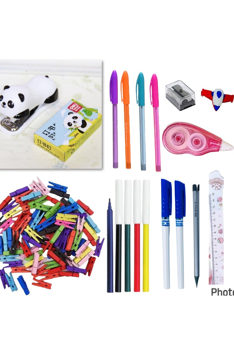 Generic 10-piece school supplies set (6 felt-tip pens + office stapler with staples + wooden pencil + eraser + metal sharpener + 4 multi-colored fluorescent pens + 2 fine-tipped ballpoint pens + cartoon ruler + corrector + correction tape + bag of wooden paper clips) - Image 1
