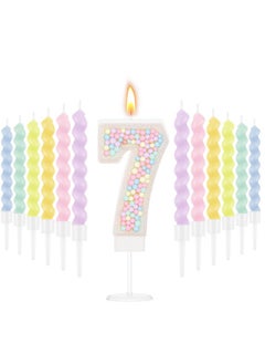 Mtlee MTLEE Number 7 Birthday Candle Macaron Pastel Glitter 3D Number Candle with 12 Pcs Rainbow Spiral Candles in Holders for Girl Boy Cake Topper Wedding Anniversary Sweet Theme Party Decoration  - Image 1