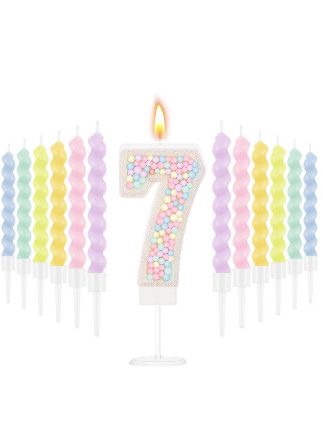 MTLEE Number 7 Birthday Candle Macaron Pastel Glitter 3D Number Candle with 12 Pcs Rainbow Spiral Candles in Holders for Girl Boy Cake Topper Wedding Anniversary Sweet Theme Party Decoration - Image 1