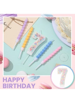 Mtlee MTLEE Number 7 Birthday Candle Macaron Pastel Glitter 3D Number Candle with 12 Pcs Rainbow Spiral Candles in Holders for Girl Boy Cake Topper Wedding Anniversary Sweet Theme Party Decoration  - Image 4