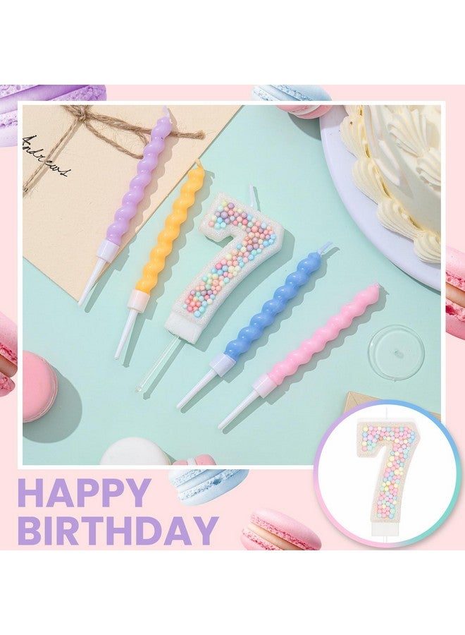MTLEE Number 7 Birthday Candle Macaron Pastel Glitter 3D Number Candle with 12 Pcs Rainbow Spiral Candles in Holders for Girl Boy Cake Topper Wedding Anniversary Sweet Theme Party Decoration - Image 4
