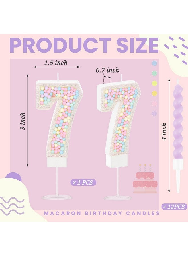MTLEE Number 7 Birthday Candle Macaron Pastel Glitter 3D Number Candle with 12 Pcs Rainbow Spiral Candles in Holders for Girl Boy Cake Topper Wedding Anniversary Sweet Theme Party Decoration - Image 2