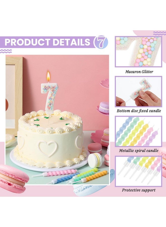 MTLEE Number 7 Birthday Candle Macaron Pastel Glitter 3D Number Candle with 12 Pcs Rainbow Spiral Candles in Holders for Girl Boy Cake Topper Wedding Anniversary Sweet Theme Party Decoration - Image 3