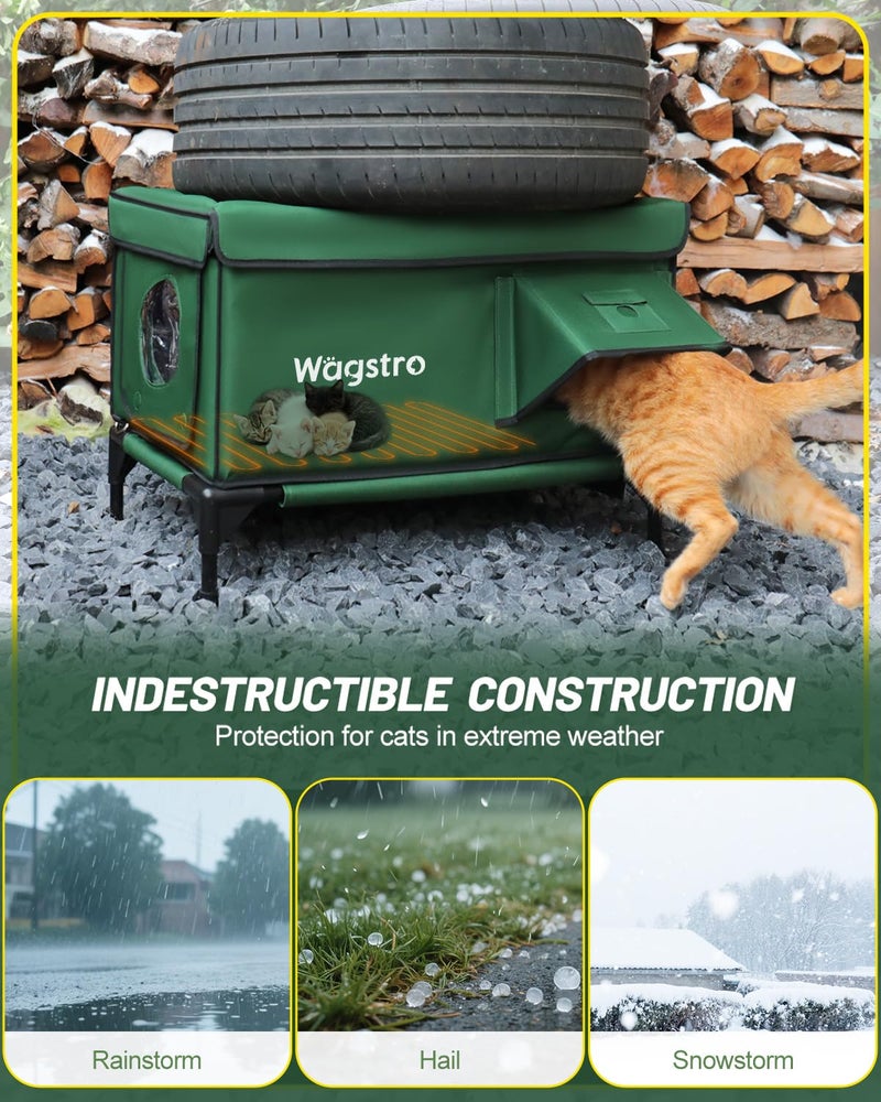Wagstro Heated Cat House for Outside, Insulated Weatherproof Heated Outdoor Cat House with Waterproof Eaves & Escape Door, Elevated Outdoor Cat Shelter for Feral Stray Cat (Green, 16.5"x12.6"x16.9") - Image 3