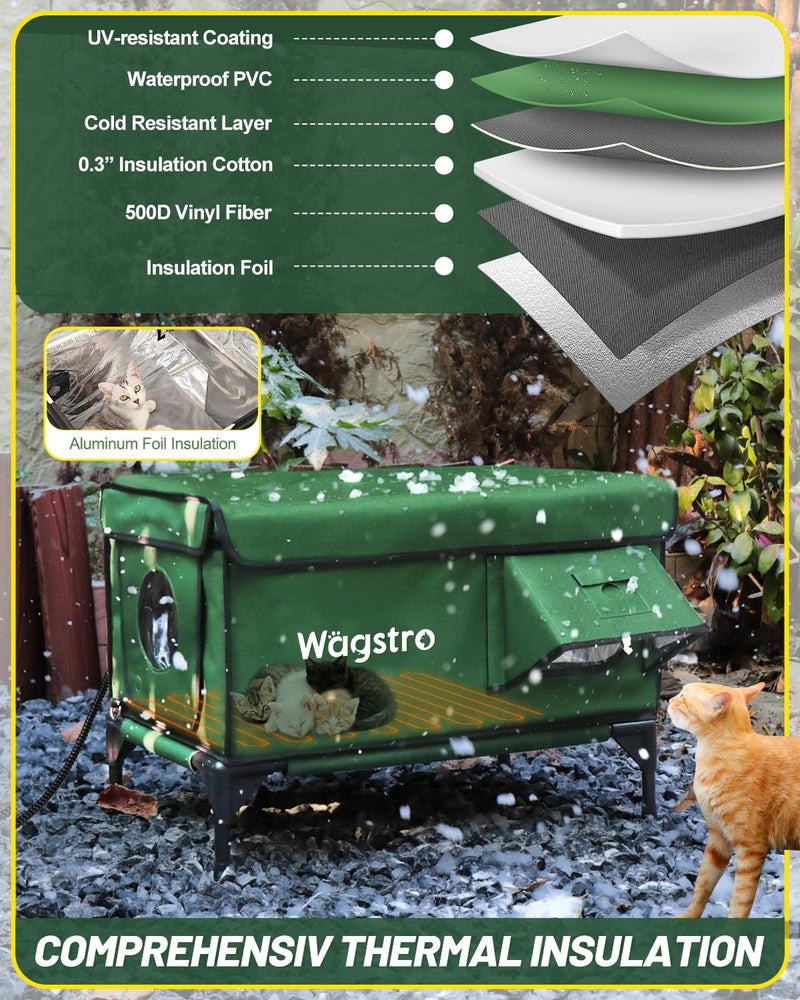 Wagstro Heated Cat House for Outside, Insulated Weatherproof Heated Outdoor Cat House with Waterproof Eaves & Escape Door, Elevated Outdoor Cat Shelter for Feral Stray Cat (Green, 16.5"x12.6"x16.9") - Image 4