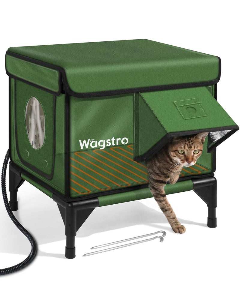 Wagstro Heated Cat House for Outside, Insulated Weatherproof Heated Outdoor Cat House with Waterproof Eaves & Escape Door, Elevated Outdoor Cat Shelter for Feral Stray Cat (Green, 16.5"x12.6"x16.9") - Image 1