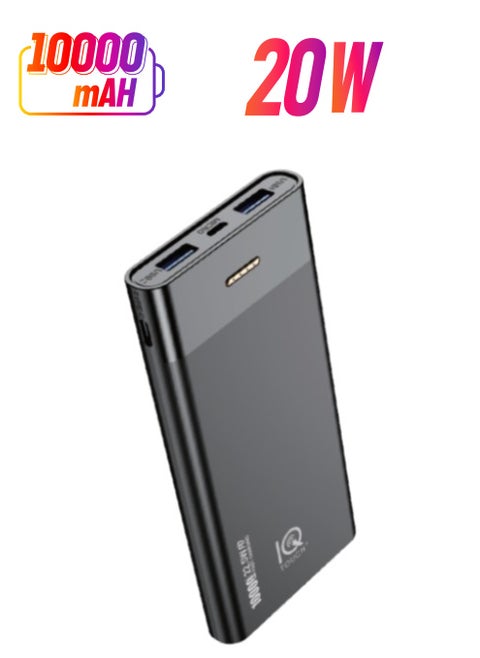 باور بانك IQ TOUCH Iboost 10 Pd بسعة 10000 مللي أمبير في الساعة فائق النحافة، شحن سريع بقوة 22.5 وات مع تقنية Pd، أسود