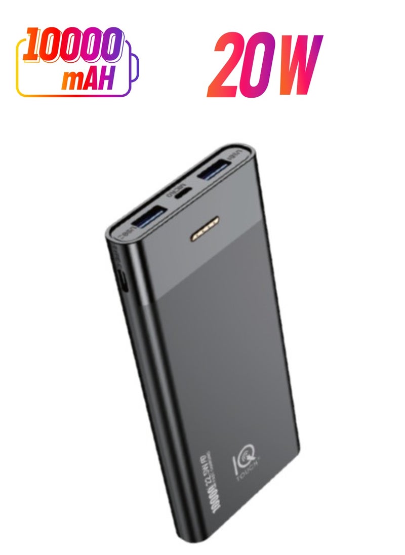 IQ TOUCH باور بانك IQ TOUCH Iboost 10 Pd بسعة 10000 مللي أمبير في الساعة فائق النحافة، شحن سريع بقوة 22.5 وات مع تقنية Pd، أسود 
