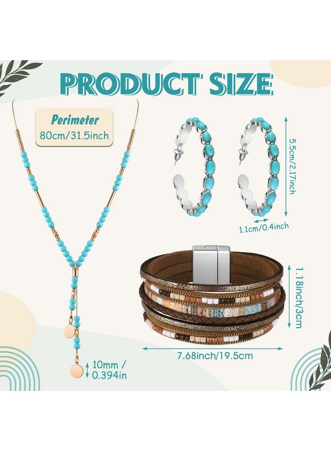 انباجي مجموعة مجوهرات غربية مكونة من 3 قطع للنساء على طراز بوهيمي، قلادة طويلة على طراز بوهو، أقراط متدلية، سوار متعدد الطبقات من الجلد الصناعي (بنمط فيروزي) - Image 3