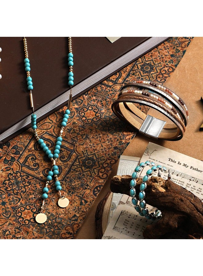 انباجي مجموعة مجوهرات غربية مكونة من 3 قطع للنساء على طراز بوهيمي، قلادة طويلة على طراز بوهو، أقراط متدلية، سوار متعدد الطبقات من الجلد الصناعي (بنمط فيروزي) - Image 4
