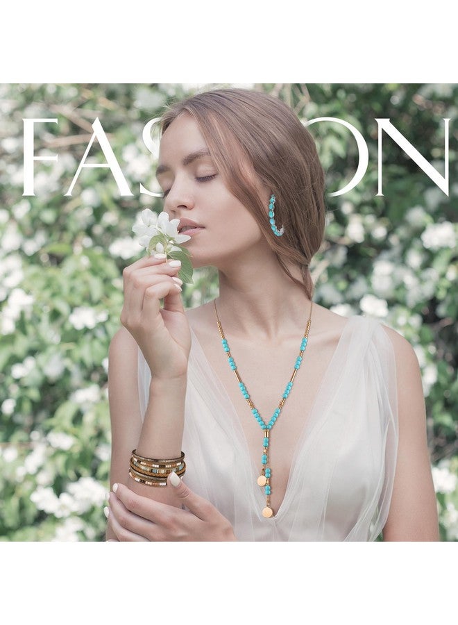 انباجي مجموعة مجوهرات غربية مكونة من 3 قطع للنساء على طراز بوهيمي، قلادة طويلة على طراز بوهو، أقراط متدلية، سوار متعدد الطبقات من الجلد الصناعي (بنمط فيروزي) - Image 2