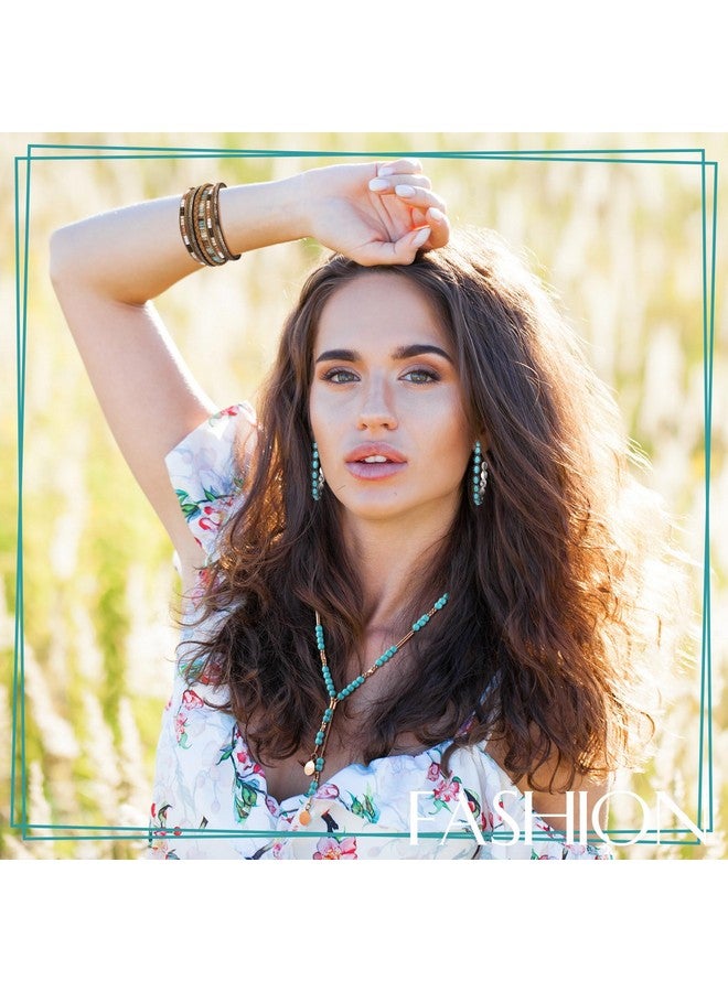 انباجي مجموعة مجوهرات غربية مكونة من 3 قطع للنساء على طراز بوهيمي، قلادة طويلة على طراز بوهو، أقراط متدلية، سوار متعدد الطبقات من الجلد الصناعي (بنمط فيروزي) - Image 5