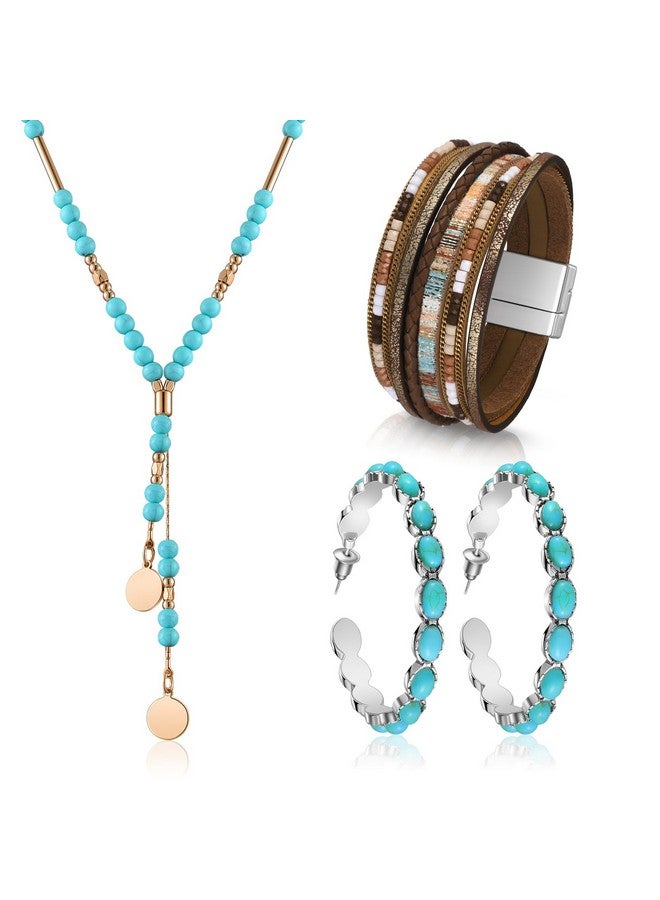 انباجي مجموعة مجوهرات غربية مكونة من 3 قطع للنساء على طراز بوهيمي، قلادة طويلة على طراز بوهو، أقراط متدلية، سوار متعدد الطبقات من الجلد الصناعي (بنمط فيروزي) - Image 1