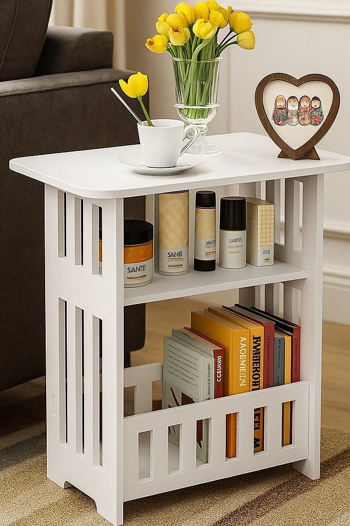 طاولة جانبية بيضاء عصرية مع رف تخزين بثلاث طبقات - طاولة جانبية ضيقة وخفيفة الوزن للمساحات الصغيرة، طاولة أريكة متعددة الاستخدامات لغرفة المعيشة وغرفة النوم والحمام والمكتب - Image 2