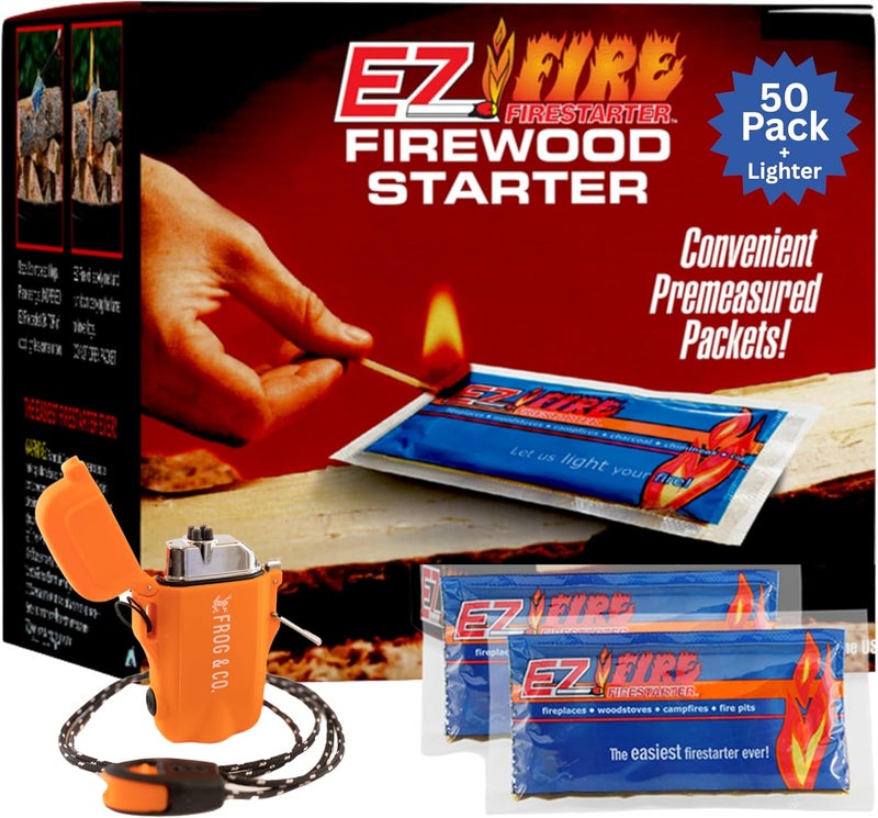 EZ FIRE FIRESTARTER – 50 Pack All-Natural Fire Starters for Campfires, Fire Pits, BBQs & Fireplaces – Long Burning, Weather-Resistant, Non-Toxic + Survival Frog Rechargeable Lighter Kit - Image 1