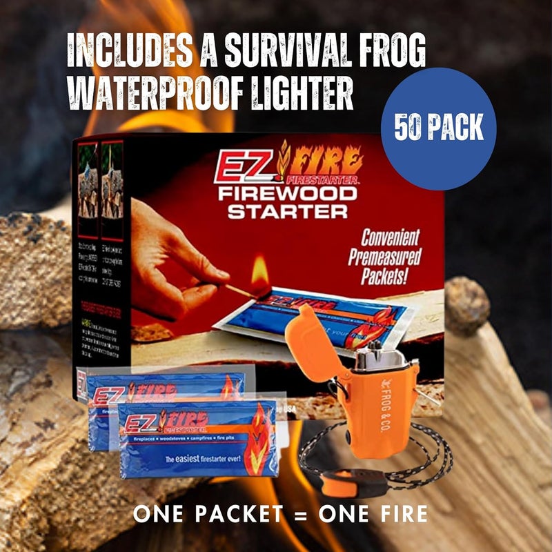 EZ FIRE FIRESTARTER – 50 Pack All-Natural Fire Starters for Campfires, Fire Pits, BBQs & Fireplaces – Long Burning, Weather-Resistant, Non-Toxic + Survival Frog Rechargeable Lighter Kit - Image 3